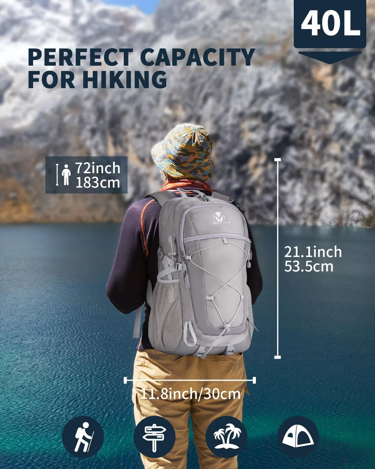 40L Hiking Backpack Lightweight Water Resistant Camping Outdoor Sport Trekking Travel Daypack for Men Women（Grey A）