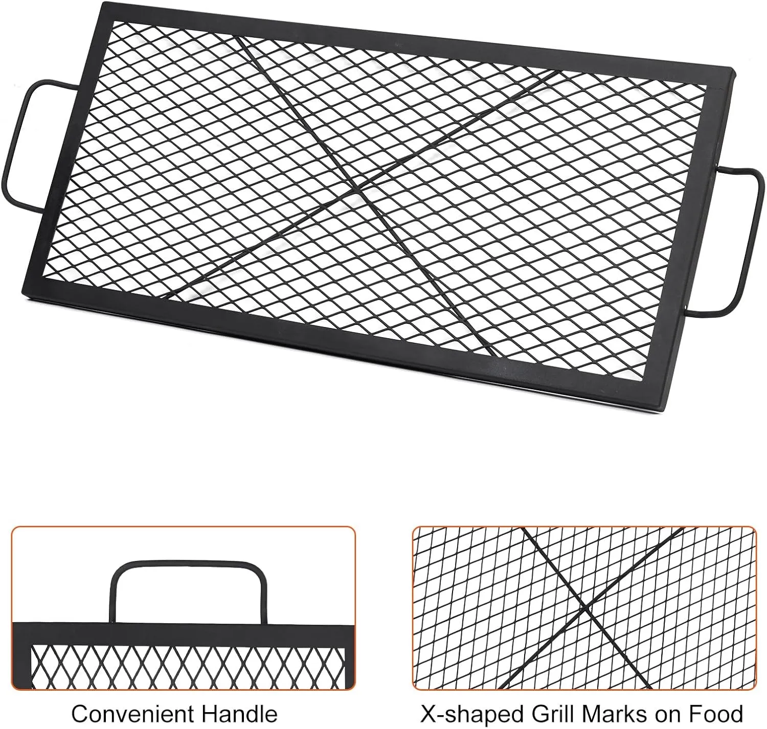 44×15in Fire Pit Cooking Grill Grate, X-Marks Fire Pit Grill Cooking Grate, Outdoor Campfire BBQ Grill, Heavy Duty Steel Campfire BBQ Grill Grid, Portable Camping Cookware with Handle