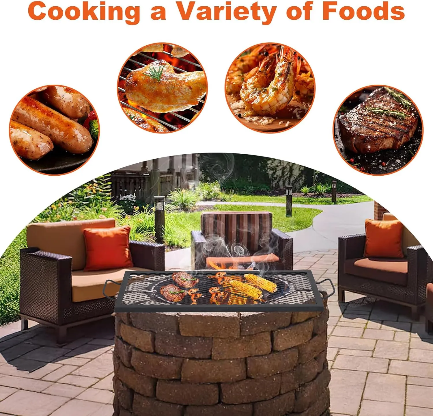 44×15in Fire Pit Cooking Grill Grate, X-Marks Fire Pit Grill Cooking Grate, Outdoor Campfire BBQ Grill, Heavy Duty Steel Campfire BBQ Grill Grid, Portable Camping Cookware with Handle