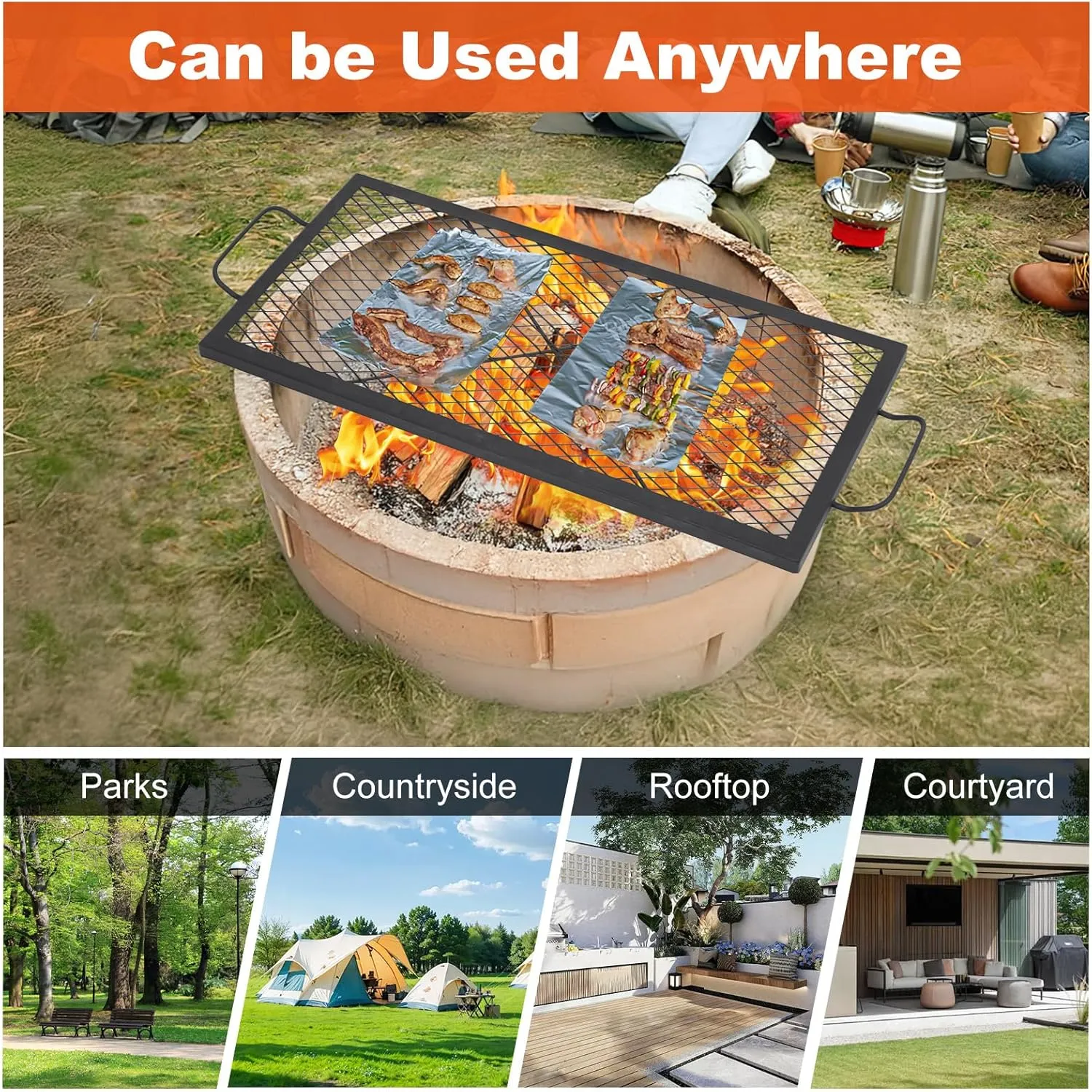 44×15in Fire Pit Cooking Grill Grate, X-Marks Fire Pit Grill Cooking Grate, Outdoor Campfire BBQ Grill, Heavy Duty Steel Campfire BBQ Grill Grid, Portable Camping Cookware with Handle