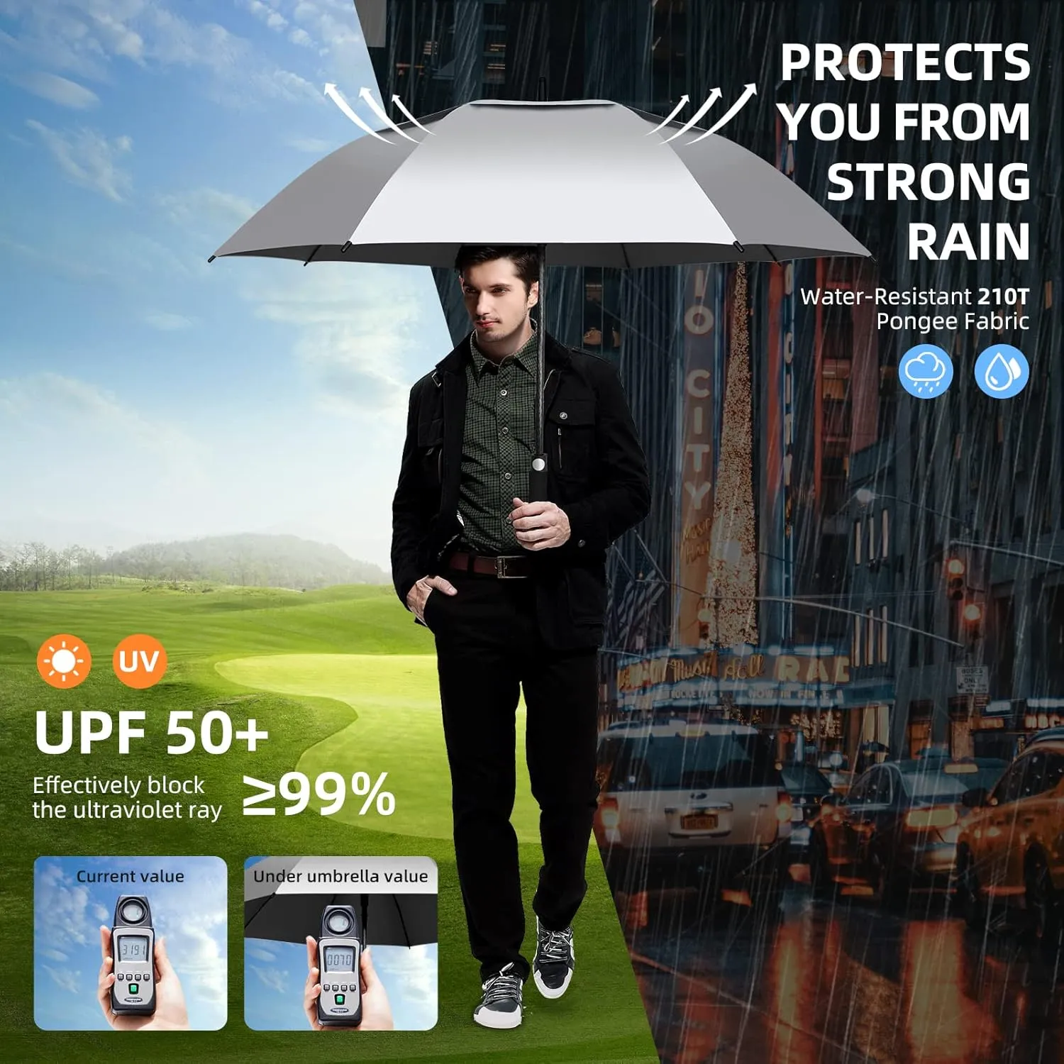 47/54 Inch Ventilated Double Canopy Windproof Stick Umbrellas for Rain, Automatic Open Golf Umbrella – Available in for Adults, Kids, Outdoor Enthusiasts