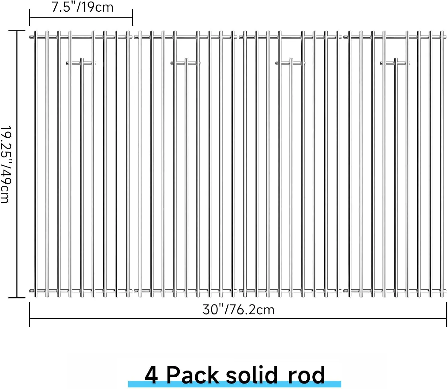 4Pack 7.5" x 19.25" Stainless Steel BBQ Grill Grates Replacement Parts for 16517 Bull BBQ Angus, Brahma, Lonstar Select, Outlaw Steer Premium, Lonestar Select 7 Burner