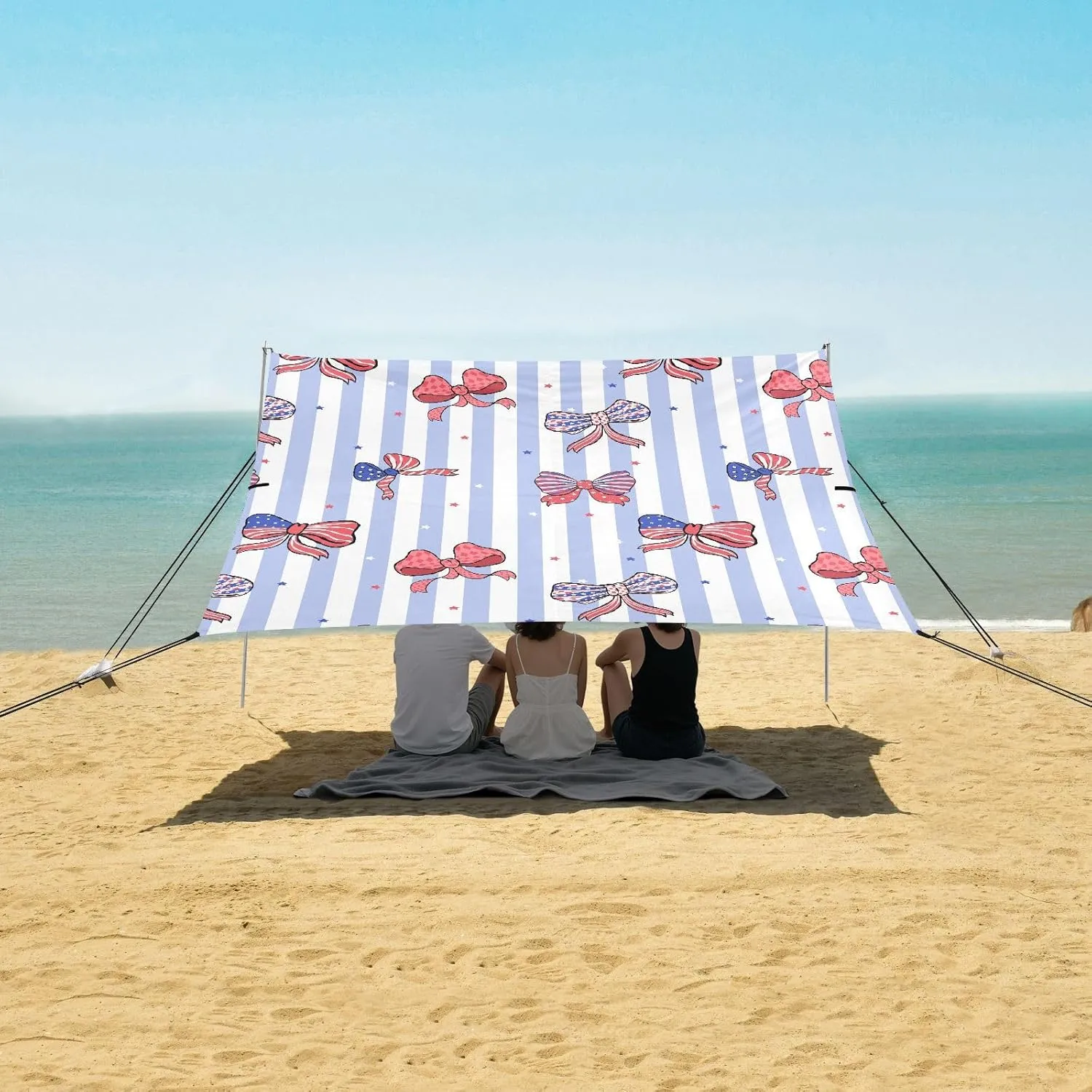 4th Of July Bow and Stripes Beach Camping Tent Sun Shelter for Whole Family, Usa Independence Day Beach Shade Canopy with UPF50  UV Protection,Easy Set Up and Carry,Outdoor Shade for Trips, Fish