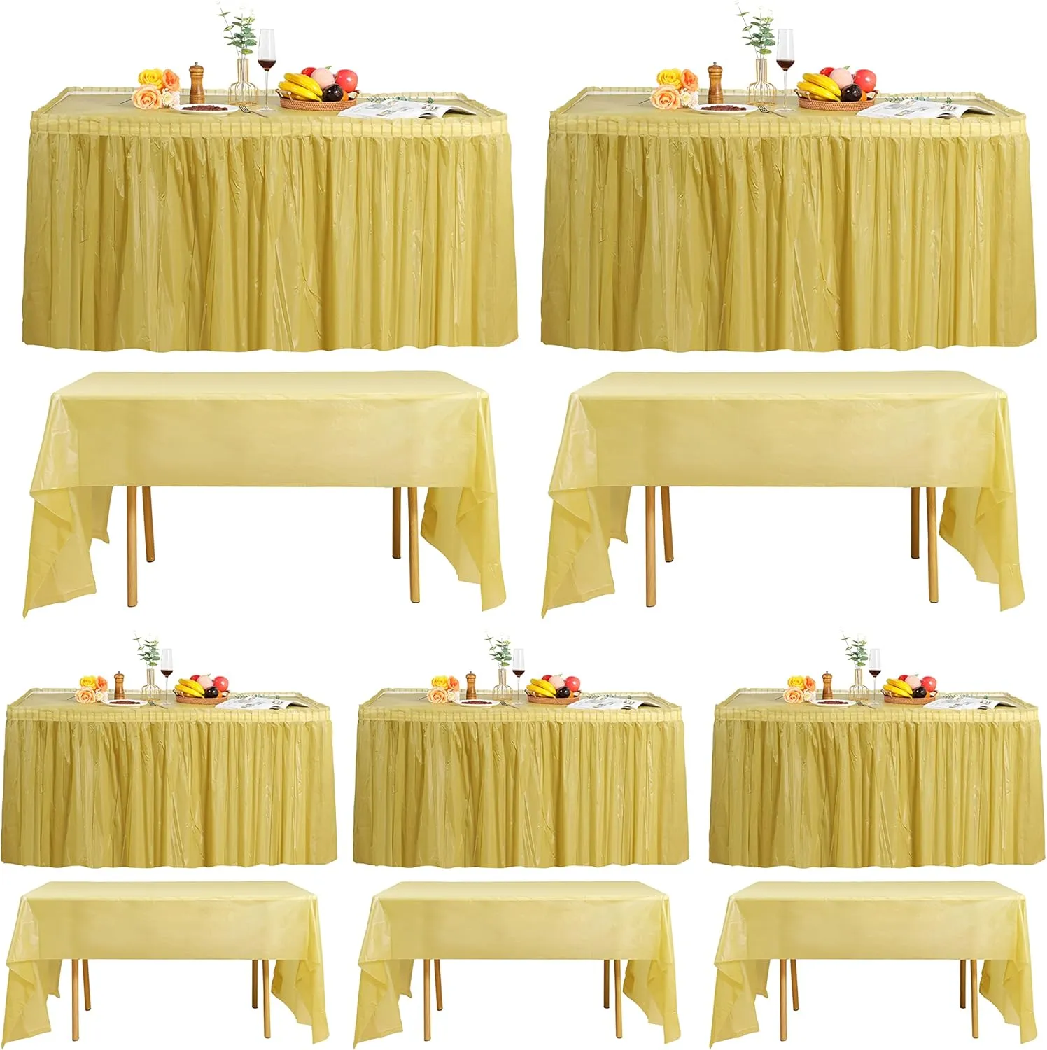 5 Pack Plastic Table Skirts for Rectangle Tables with 5 Pack Table Cloths, 14 Ft Blue Tableskirts and 54" x 108" Tablecloths, Disposable Tablecloth Skirt Table Covers for Party Birthday (Gold)