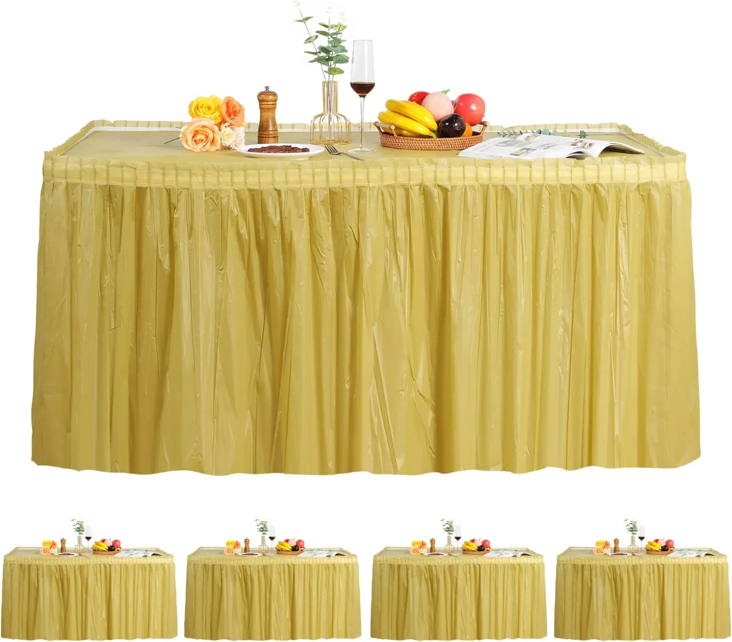 5 Pack Plastic Table Skirts for Rectangle Tables with 5 Pack Table Cloths, 14 Ft Blue Tableskirts and 54" x 108" Tablecloths, Disposable Tablecloth Skirt Table Covers for Party Birthday (Gold)