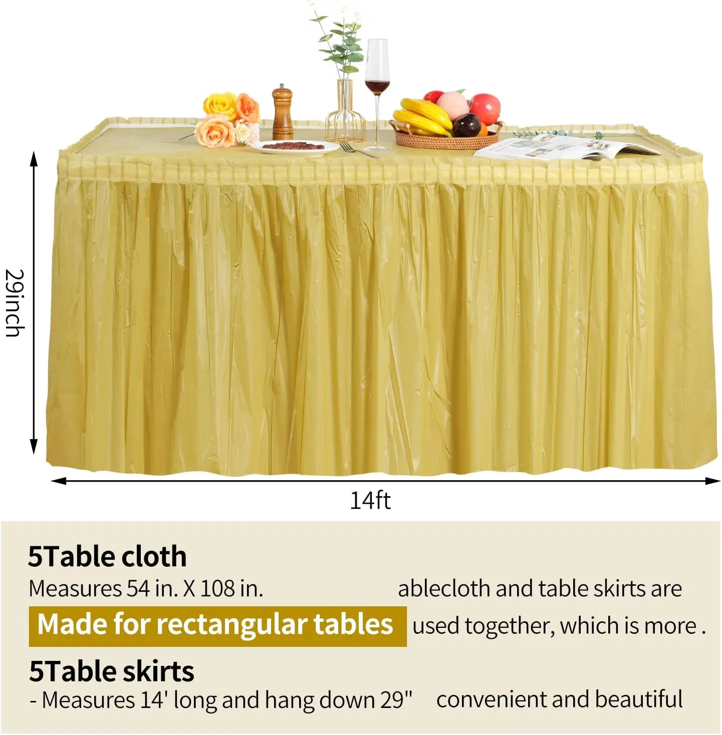 5 Pack Plastic Table Skirts for Rectangle Tables with 5 Pack Table Cloths, 14 Ft Blue Tableskirts and 54" x 108" Tablecloths, Disposable Tablecloth Skirt Table Covers for Party Birthday (Gold)