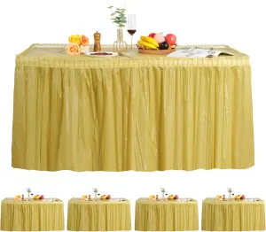 5 Pack Plastic Table Skirts for Rectangle Tables with 5 Pack Table Cloths, 14 Ft Blue Tableskirts and 54" x 108" Tablecloths, Disposable Tablecloth Skirt Table Covers for Party Birthday (Gold)