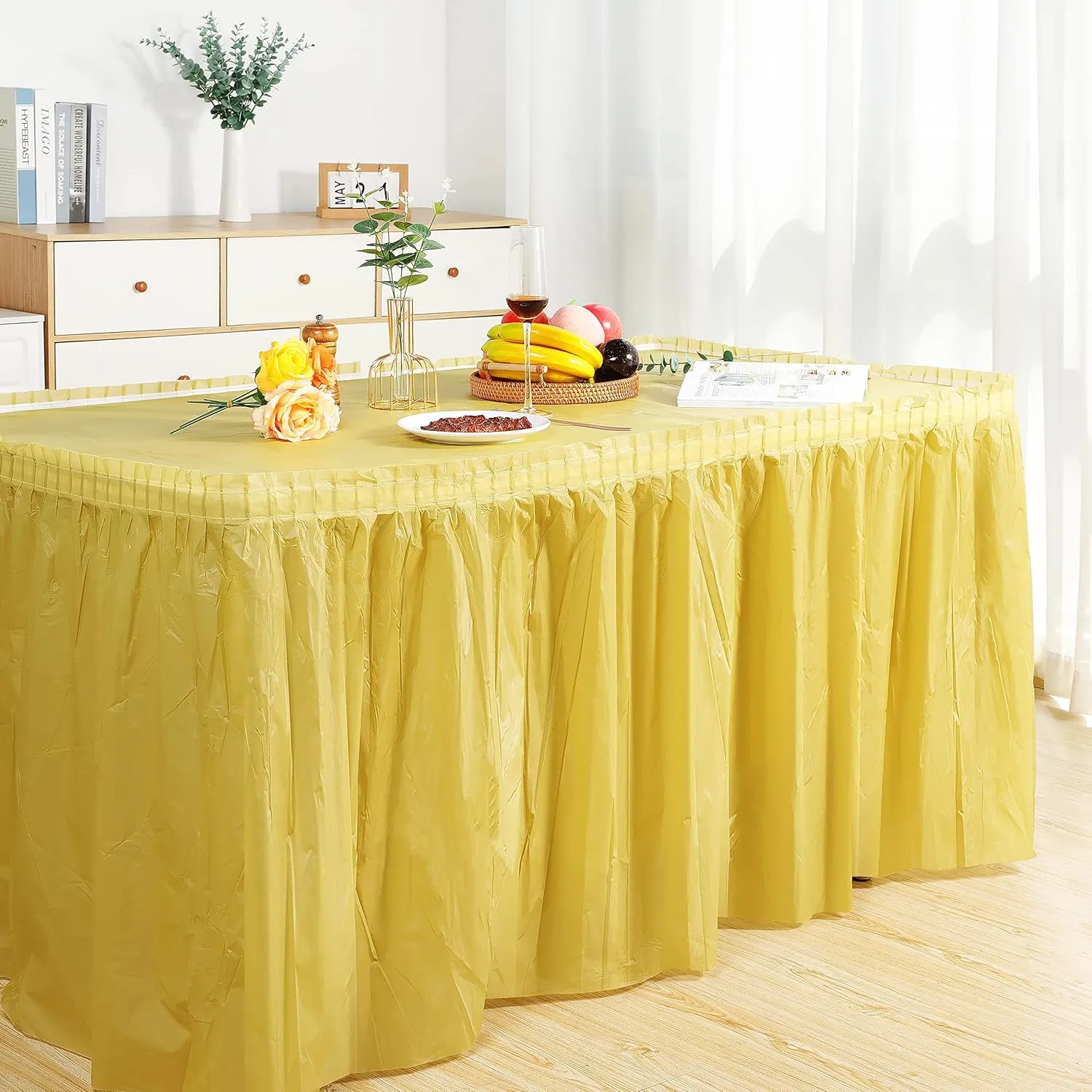 5 Pack Plastic Table Skirts for Rectangle Tables with 5 Pack Table Cloths, 14 Ft Blue Tableskirts and 54" x 108" Tablecloths, Disposable Tablecloth Skirt Table Covers for Party Birthday (Gold)