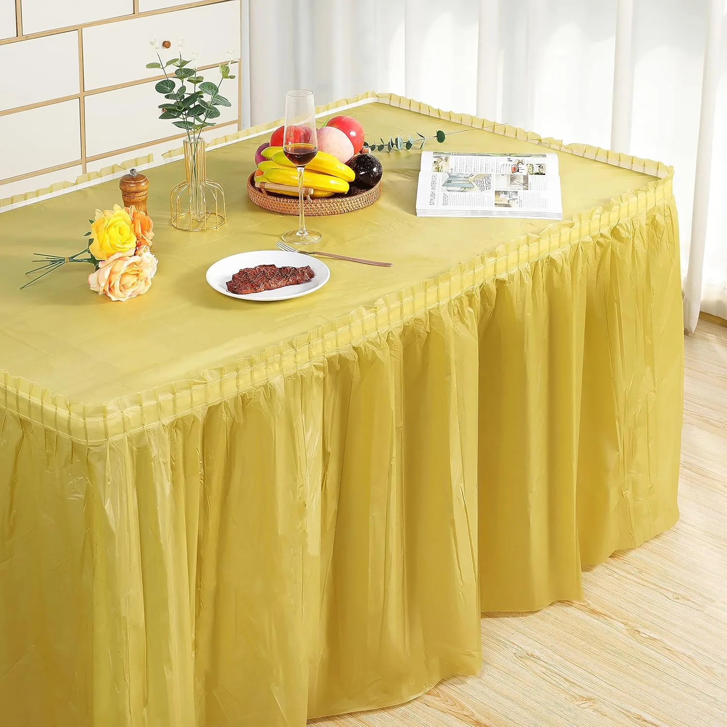 5 Pack Plastic Table Skirts for Rectangle Tables with 5 Pack Table Cloths, 14 Ft Blue Tableskirts and 54" x 108" Tablecloths, Disposable Tablecloth Skirt Table Covers for Party Birthday (Gold)