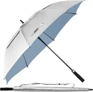 54 Inch UPF 50  Sun Umbrella UV Protection Windproof Golf Umbrella Double Canopy Vented Auto Open Silver/Sky Blue