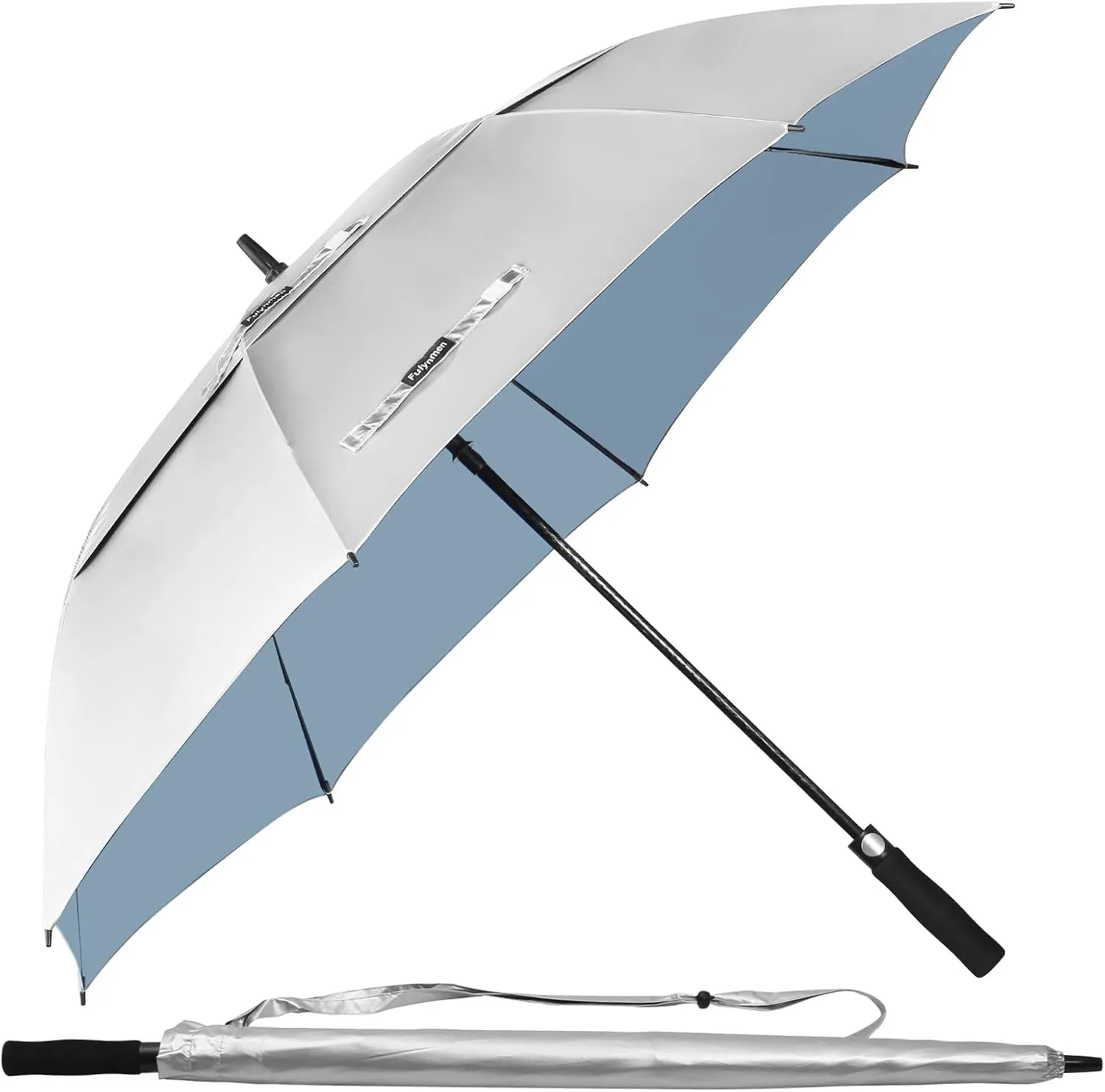 54 Inch UPF 50  Sun Umbrella UV Protection Windproof Golf Umbrella Double Canopy Vented Auto Open Silver/Sky Blue