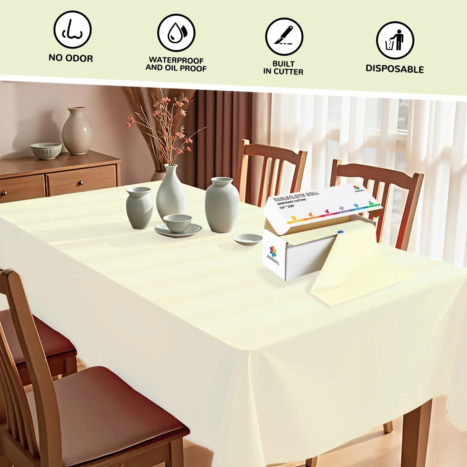 54 Inch X 200 Feet Plastic Table Cover Roll with Convenient Slide Cutter, Disposable Plastic Table Cloth Roll with Cut-to-Size Design for Weddings, Banquets, Parties (Beige)