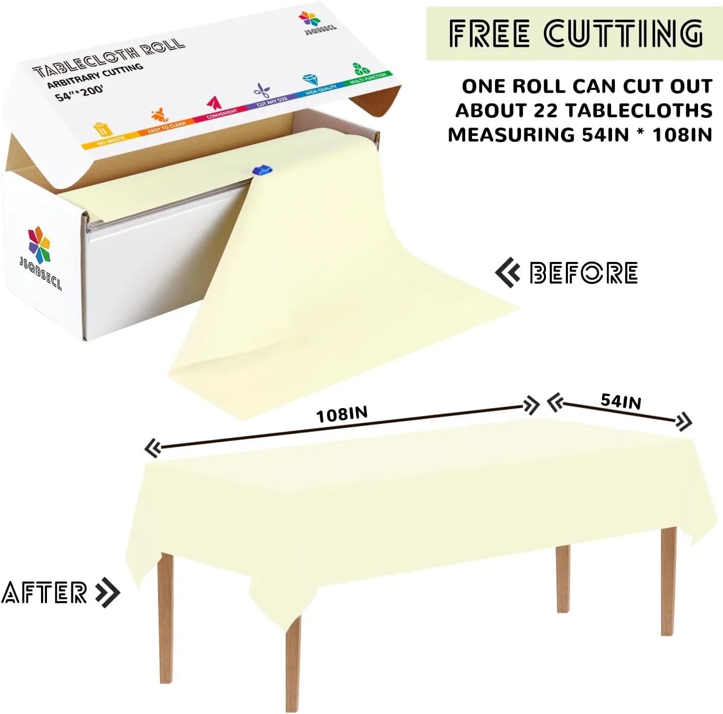 54 Inch X 200 Feet Plastic Table Cover Roll with Convenient Slide Cutter, Disposable Plastic Table Cloth Roll with Cut-to-Size Design for Weddings, Banquets, Parties (Beige)