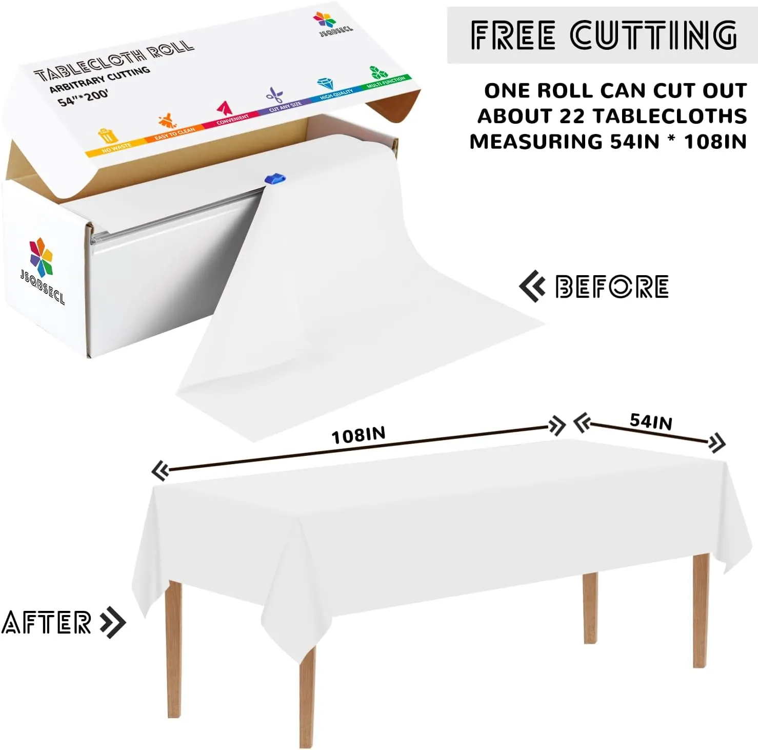 54 Inch X 200 Feet Plastic Table Cover Roll with Convenient Slide Cutter, Disposable Plastic Table Cloth Roll with Cut-to-Size Design for Weddings, Banquets, Parties (White)