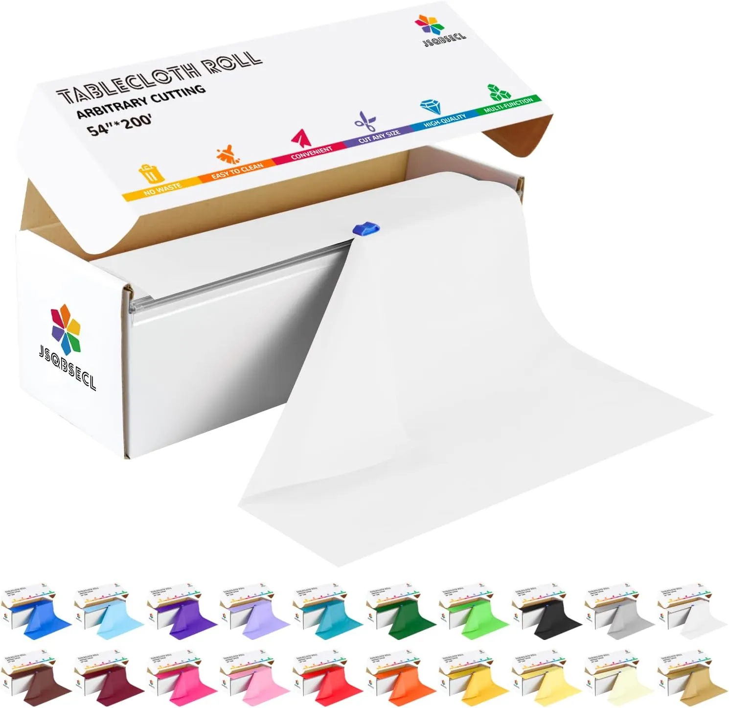 54 Inch X 200 Feet Plastic Table Cover Roll with Convenient Slide Cutter, Disposable Plastic Table Cloth Roll with Cut-to-Size Design for Weddings, Banquets, Parties (White)