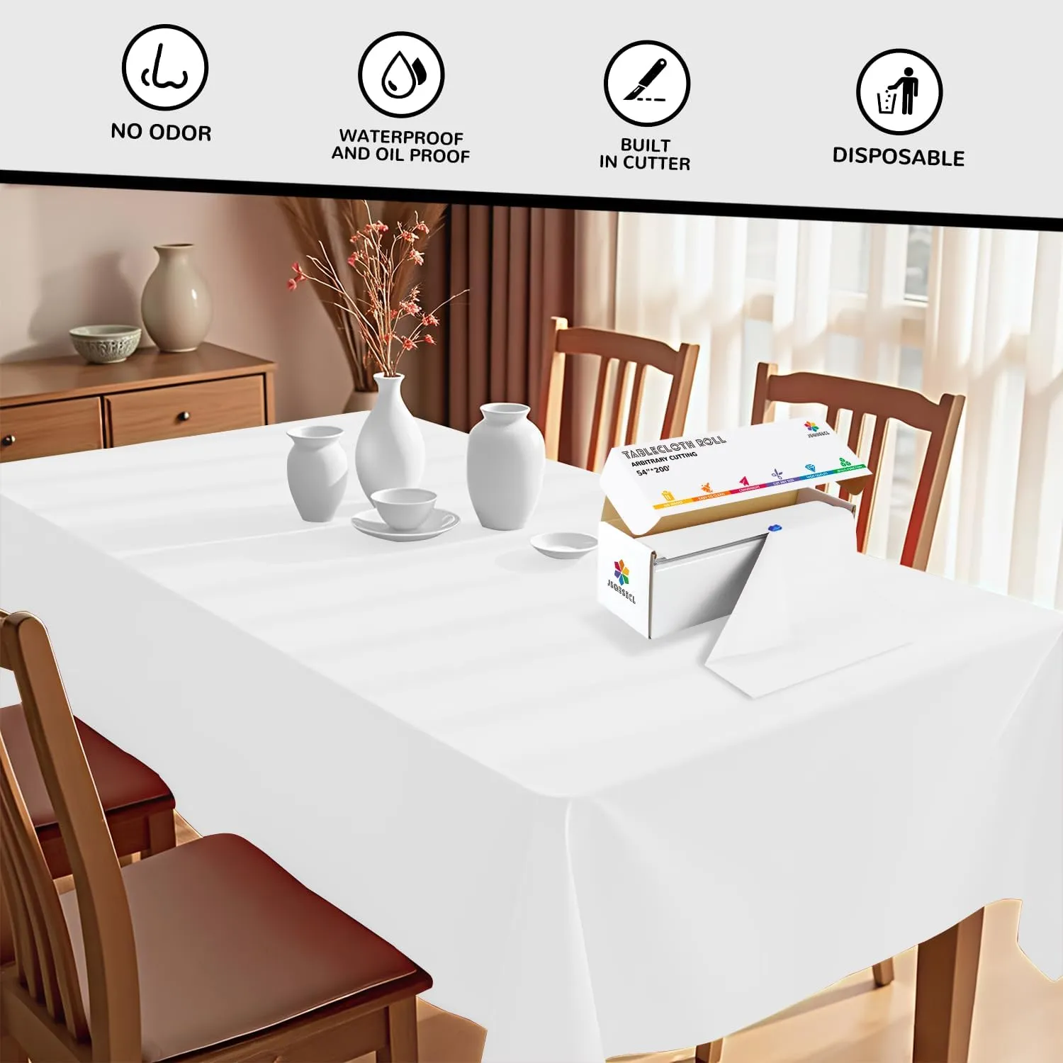 54 Inch X 200 Feet Plastic Table Cover Roll with Convenient Slide Cutter, Disposable Plastic Table Cloth Roll with Cut-to-Size Design for Weddings, Banquets, Parties (White)