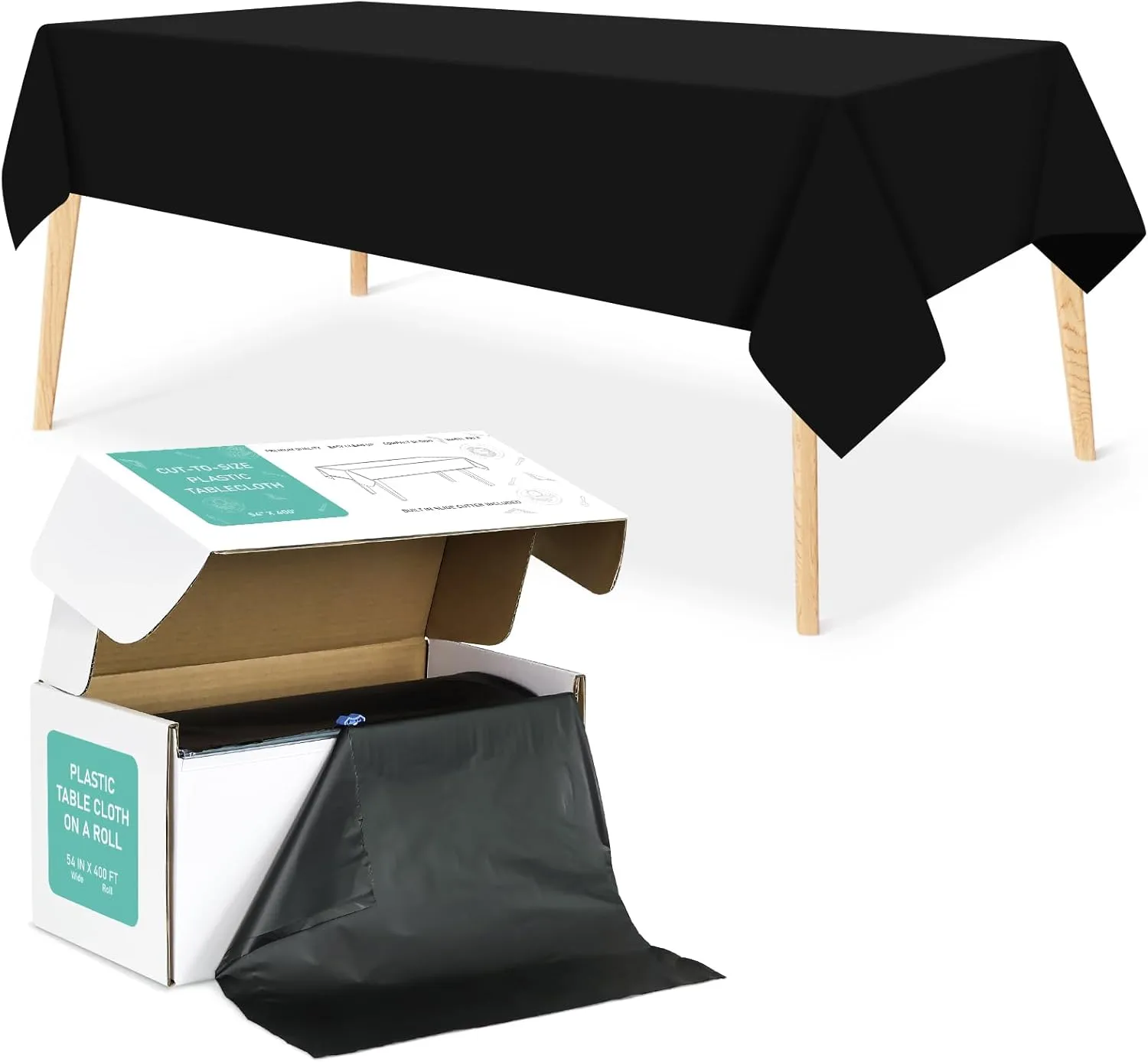 54 Inch X 400 Feet Black Plastic Table Cover Roll with Cutter Box, Disposable Tablecloth for Parties, Picnic, Banquet, Wedding, Birthday, Anniversary Decorations