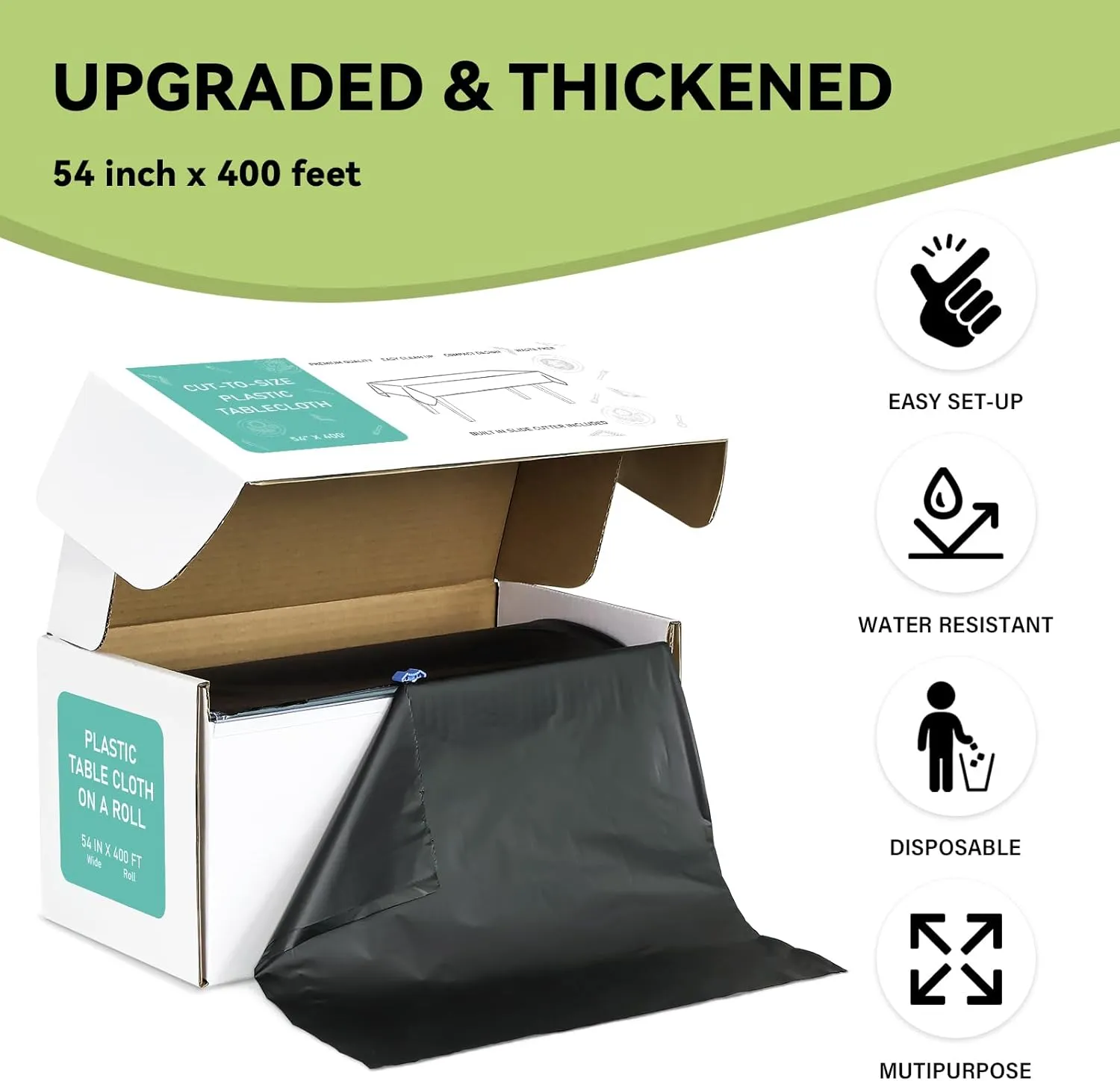 54 Inch X 400 Feet Black Plastic Table Cover Roll with Cutter Box, Disposable Tablecloth for Parties, Picnic, Banquet, Wedding, Birthday, Anniversary Decorations