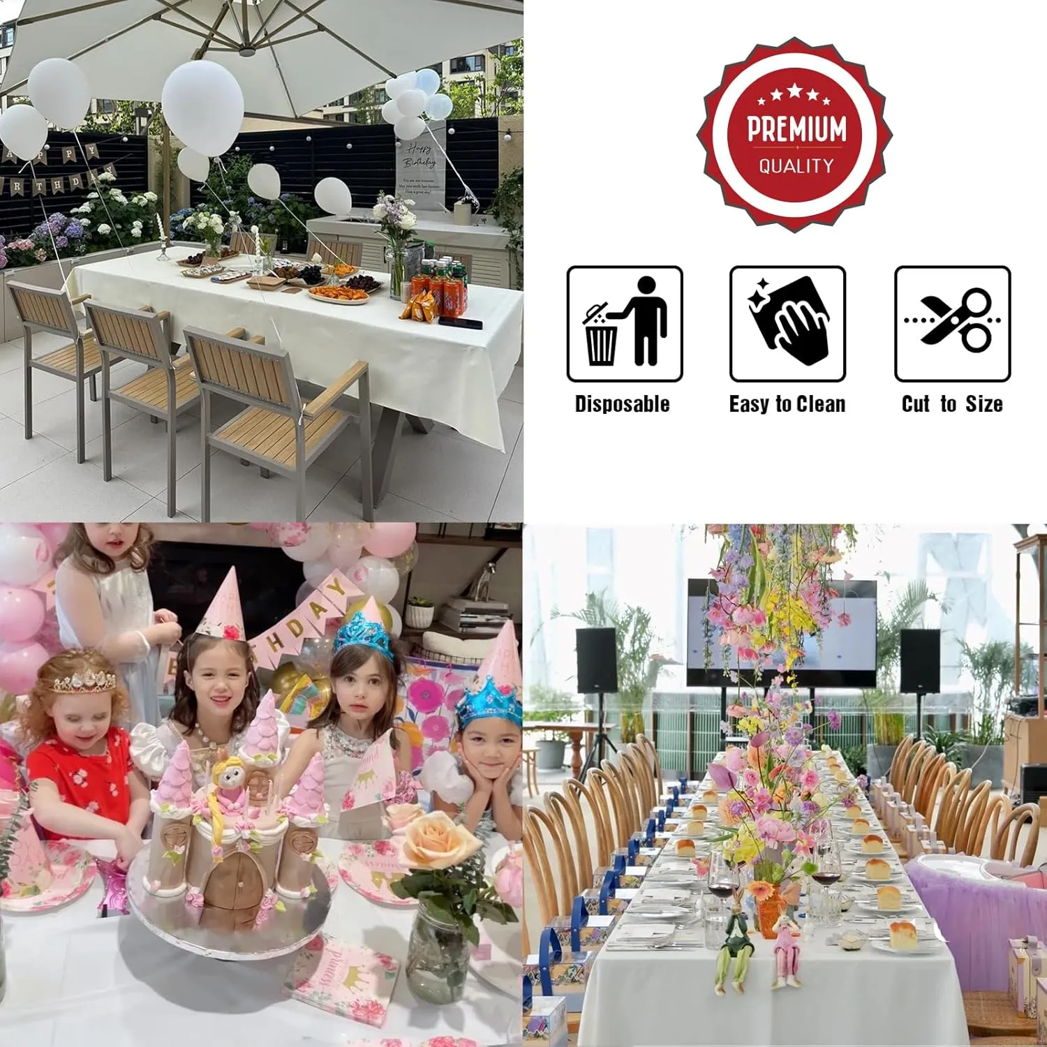 54in x 300Ft Black Plastic Table Cloth Roll with 18 Pcs Stainless Steel Clips, Disposable Table Cover Roll in A Cut-to-Size Box with Slide Cutter, Tablecloth for Rectangle Table for Parties