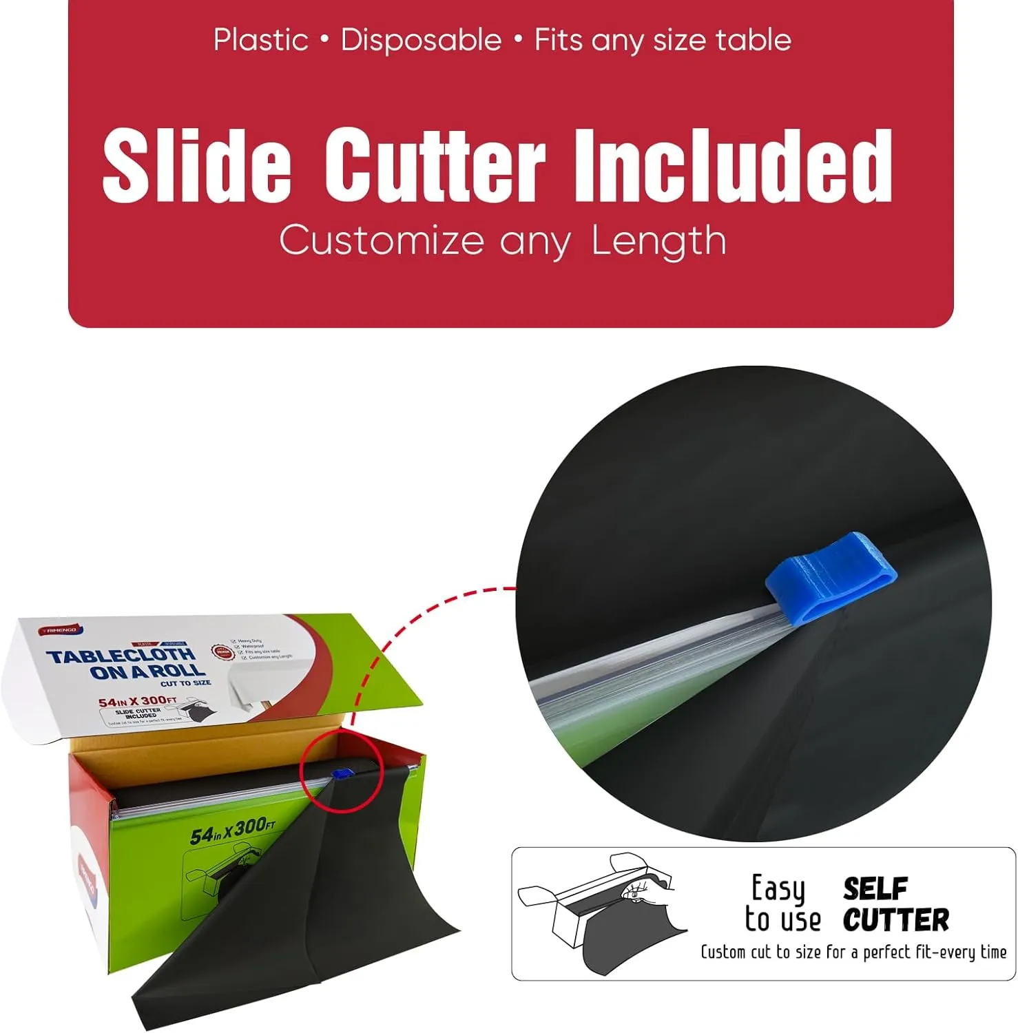 54in x 300Ft Black Plastic Table Cloth Roll with 18 Pcs Stainless Steel Clips, Disposable Table Cover Roll in A Cut-to-Size Box with Slide Cutter, Tablecloth for Rectangle Table for Parties