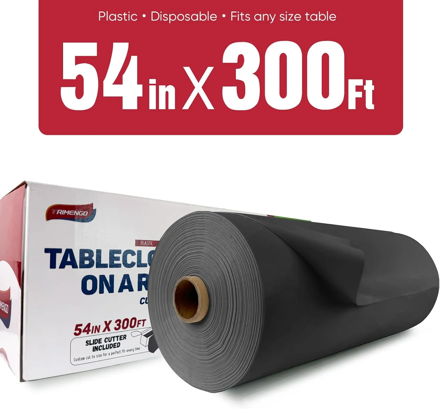 54in x 300Ft Black Plastic Table Cloth Roll with 18 Pcs Stainless Steel Clips, Disposable Table Cover Roll in A Cut-to-Size Box with Slide Cutter, Tablecloth for Rectangle Table for Parties
