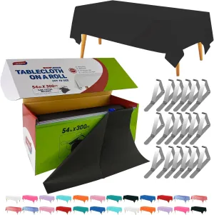 54in x 300Ft Black Plastic Table Cloth Roll with 18 Pcs Stainless Steel Clips, Disposable Table Cover Roll in A Cut-to-Size Box with Slide Cutter, Tablecloth for Rectangle Table for Parties