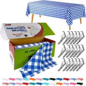 54in x 300Ft Blue Gingham Plastic Table Cloth Roll with 18 Pcs Stainless Steel Clips, Disposable Table Cover Roll in A Cut-to-Size Box with Slide Cutter, Tablecloth for Rectangle Table for Parties
