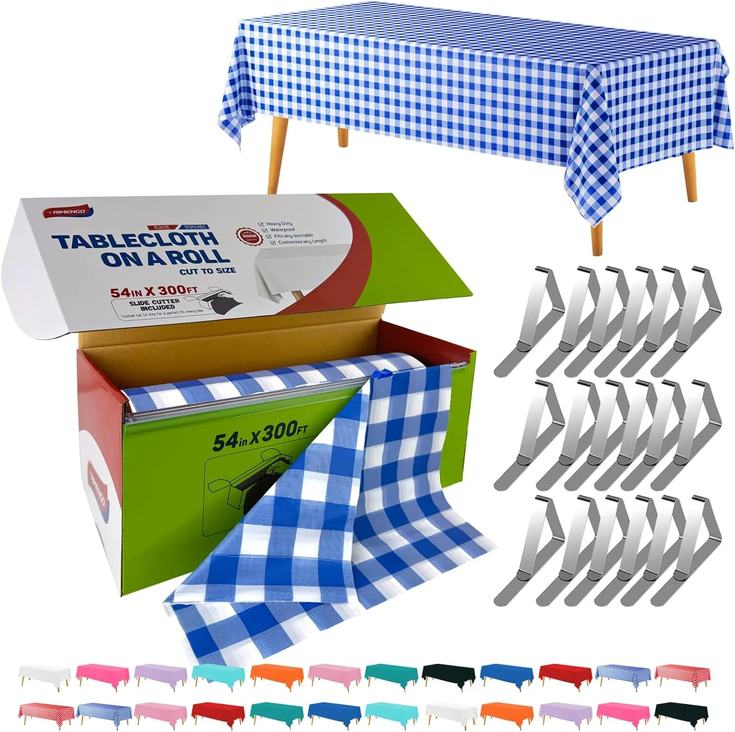 54in x 300Ft Blue Gingham Plastic Table Cloth Roll with 18 Pcs Stainless Steel Clips, Disposable Table Cover Roll in A Cut-to-Size Box with Slide Cutter, Tablecloth for Rectangle Table for Parties