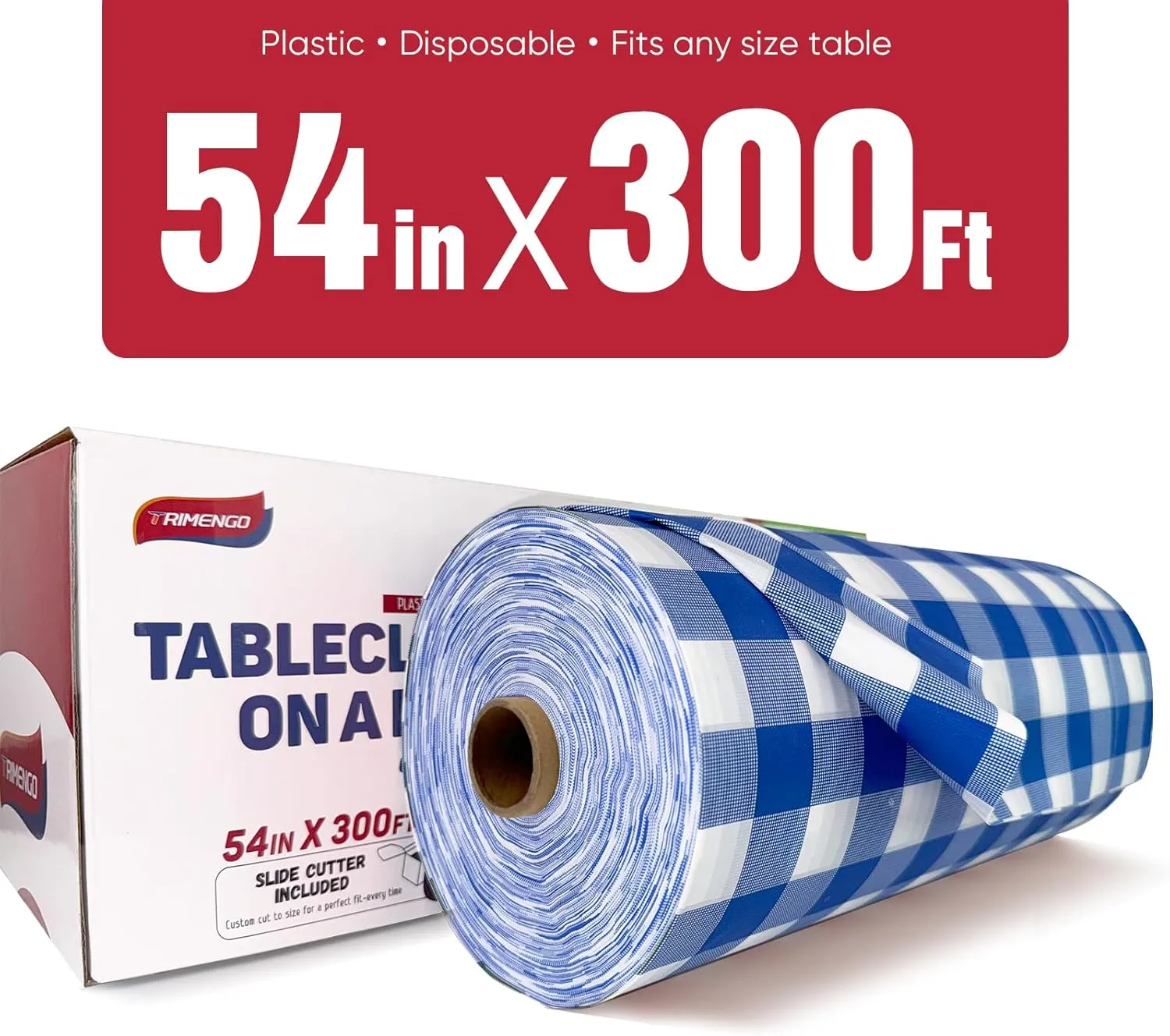 54in x 300Ft Blue Gingham Plastic Table Cloth Roll with 18 Pcs Stainless Steel Clips, Disposable Table Cover Roll in A Cut-to-Size Box with Slide Cutter, Tablecloth for Rectangle Table for Parties
