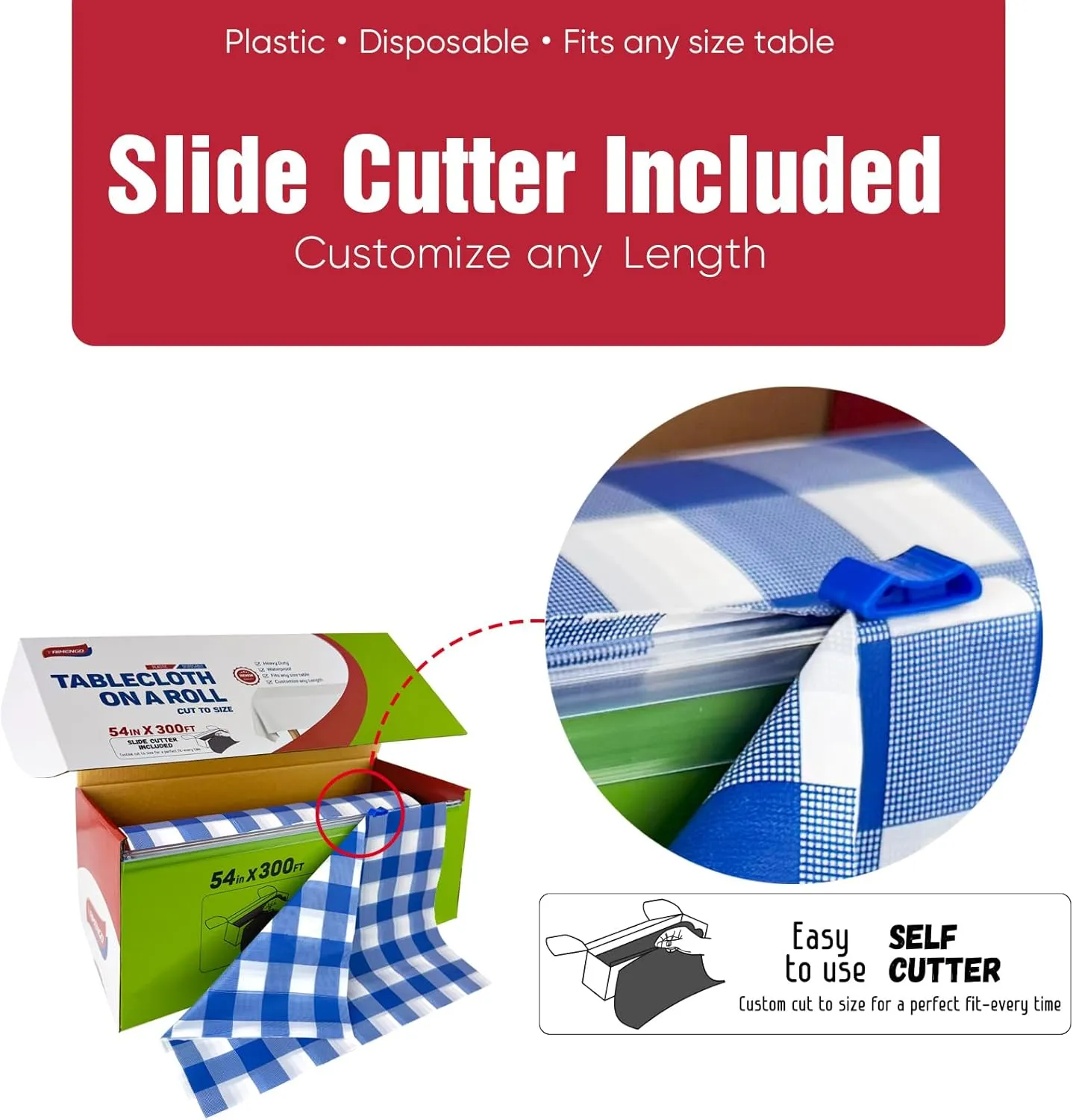 54in x 300Ft Blue Gingham Plastic Table Cloth Roll with 18 Pcs Stainless Steel Clips, Disposable Table Cover Roll in A Cut-to-Size Box with Slide Cutter, Tablecloth for Rectangle Table for Parties