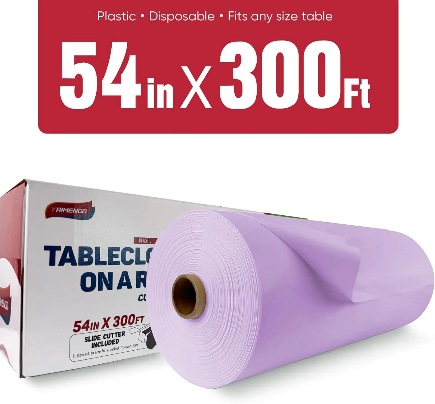 54in x 300Ft Lavender Plastic Table Cloth Roll with 18 Pcs Stainless Steel Clips, Disposable Table Cover Roll in A Cut-to-Size Box with Slide Cutter, Tablecloth for Rectangle Table for Parties