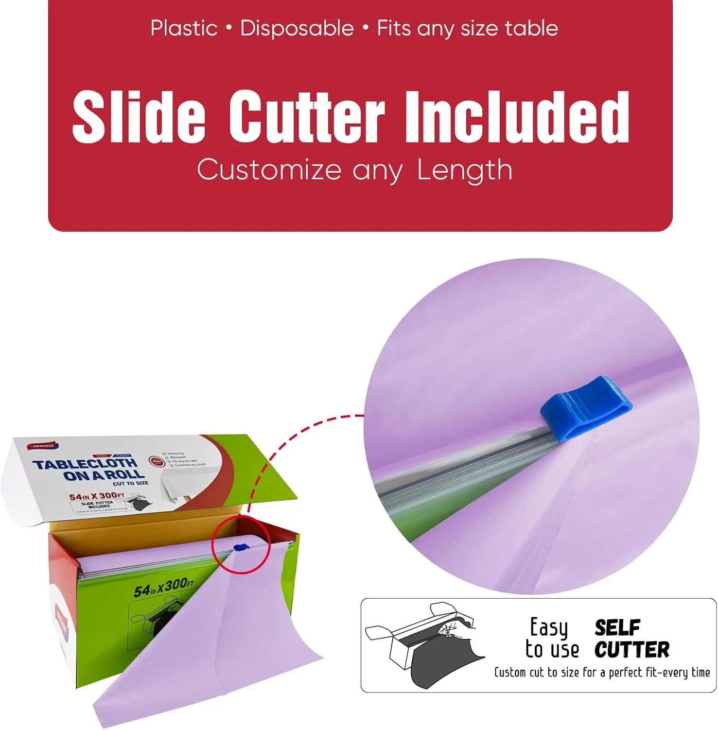 54in x 300Ft Lavender Plastic Table Cloth Roll with 18 Pcs Stainless Steel Clips, Disposable Table Cover Roll in A Cut-to-Size Box with Slide Cutter, Tablecloth for Rectangle Table for Parties
