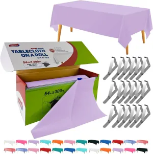 54in x 300Ft Lavender Plastic Table Cloth Roll with 18 Pcs Stainless Steel Clips, Disposable Table Cover Roll in A Cut-to-Size Box with Slide Cutter, Tablecloth for Rectangle Table for Parties