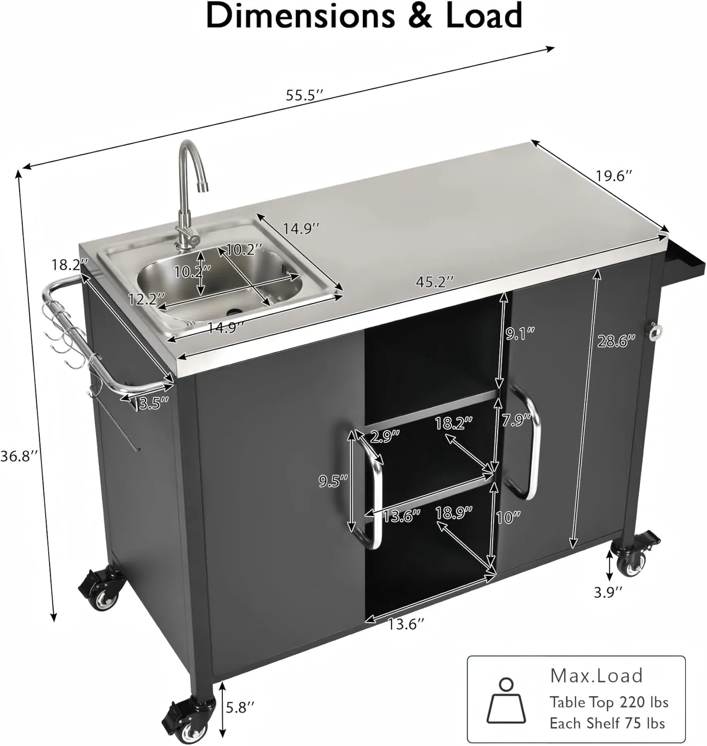 55.5" Outdoor Kitchen Island with Stainless Steel Sink - Rolling Grill Cart with Storage, Mobile Bar Table with 4 Lockable Wheels for Pizza Prep & BBQ