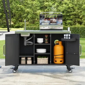 55.5" Outdoor Kitchen Island with Stainless Steel Sink - Rolling Grill Cart with Storage, Mobile Bar Table with 4 Lockable Wheels for Pizza Prep & BBQ