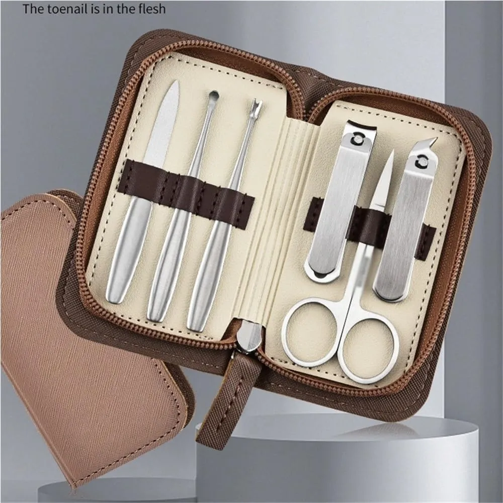 6 in 1 Professional Nail Clippers Pedicure Kit Stainless Steel Personal Care Tools Portable Mini Manicure and Pedicure Kit for Women and Men(Brown)