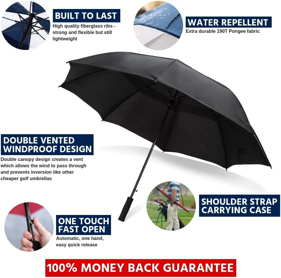 62/68 Inch Automatic Open Golf Umbrella - Extra Large Vented Windproof Waterproof Sturdy Double Canopy