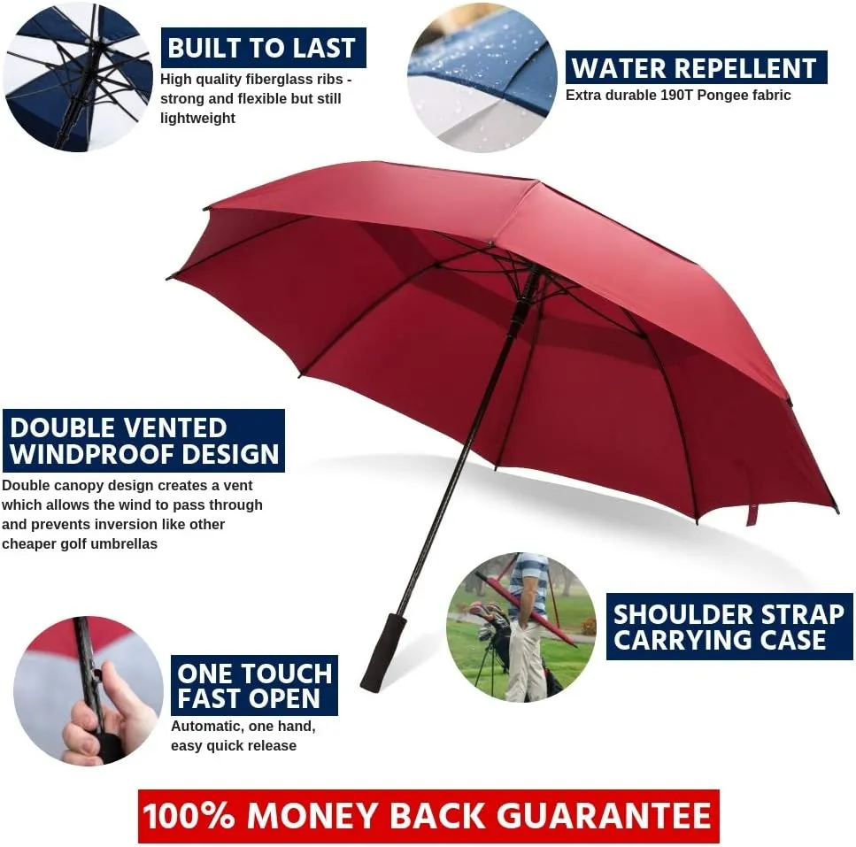62/68 Inch Automatic Open Golf Umbrella - Extra Large Vented Windproof Waterproof Sturdy Double Canopy