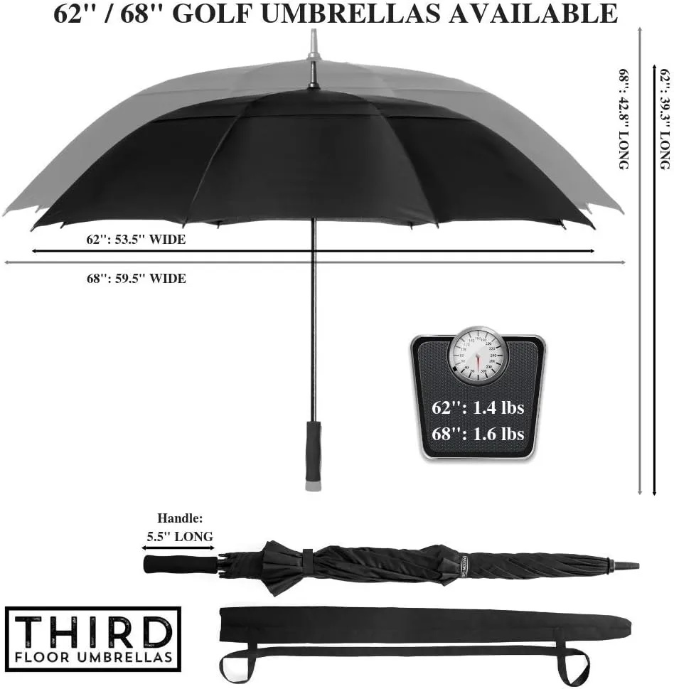 62/68 Inch Automatic Open Golf Umbrella - Extra Large Vented Windproof Waterproof Sturdy Double Canopy