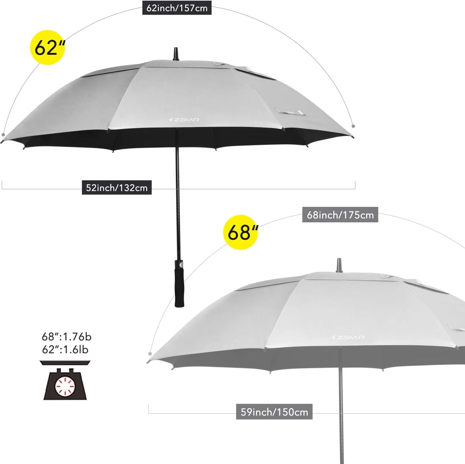 62" & 68" Windproof Large Vented Canopy Golf Umbrella, UPF 50  Patio Umbrella | Sun UV Protection | Keep You Cool (Silver, 62"-Pack-of-2)