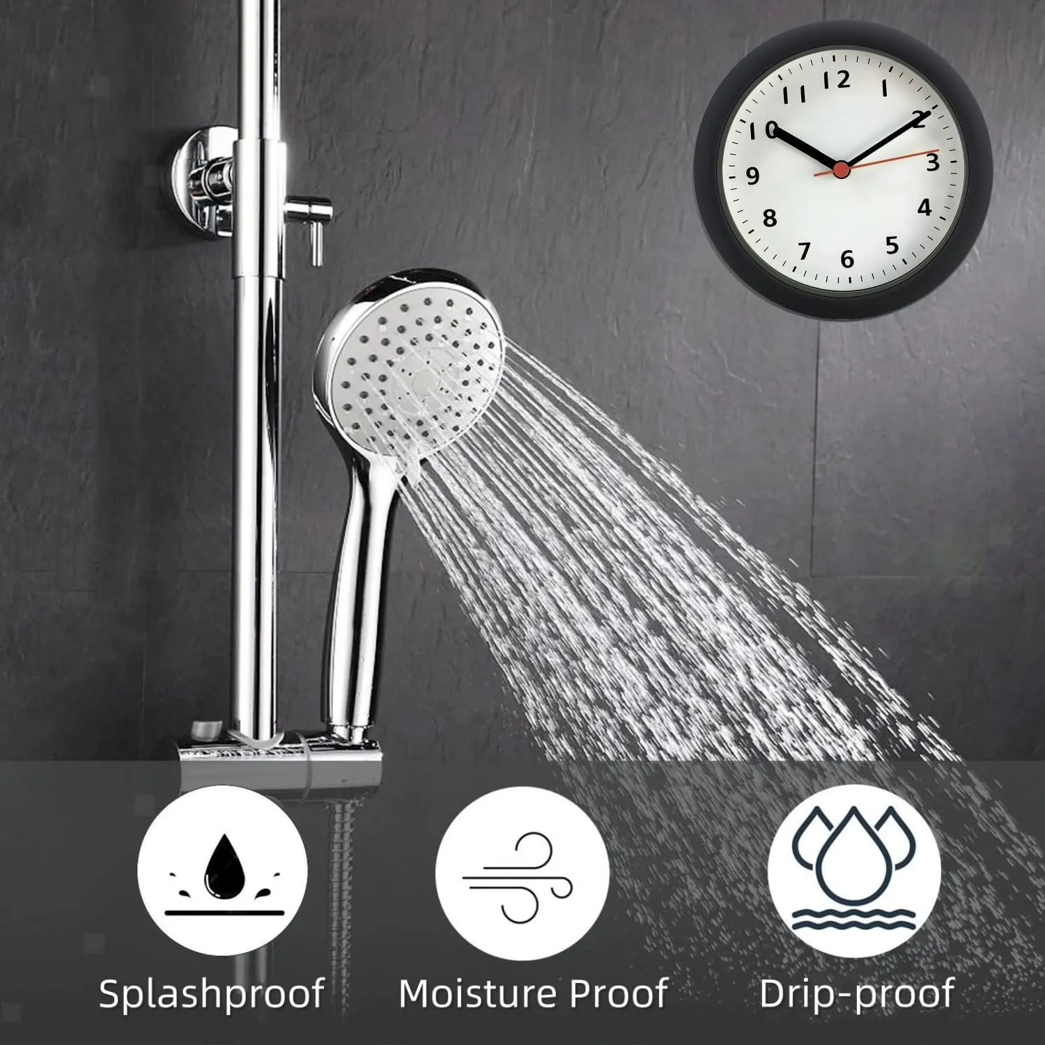 6inch Silent Waterproof Bathroom Clock Shower Clock with Suction Cup Non-Ticking Prevent Mist Wallclock Battery Operated Garden Wall Clock for Bathroom Kitchen Patio Pool (Grey White)
