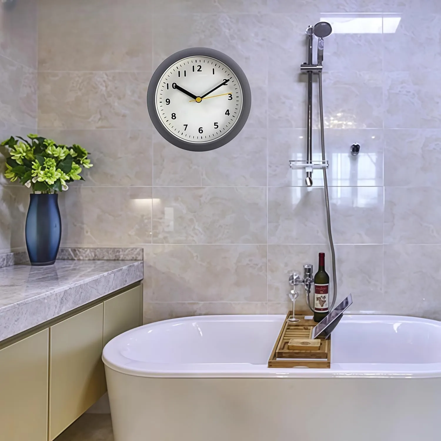 6inch Silent Waterproof Bathroom Clock Shower Clock with Suction Cup Non-Ticking Prevent Mist Wallclock Battery Operated Garden Wall Clock for Bathroom Kitchen Patio Pool (Grey White)