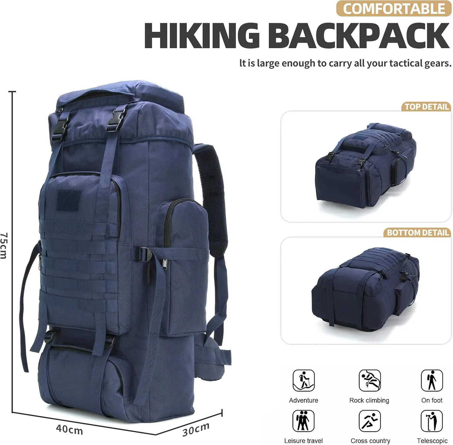 70L Hiking Backpack Military Tactical Camping Adjustable waterproof Climbing Sport Bags