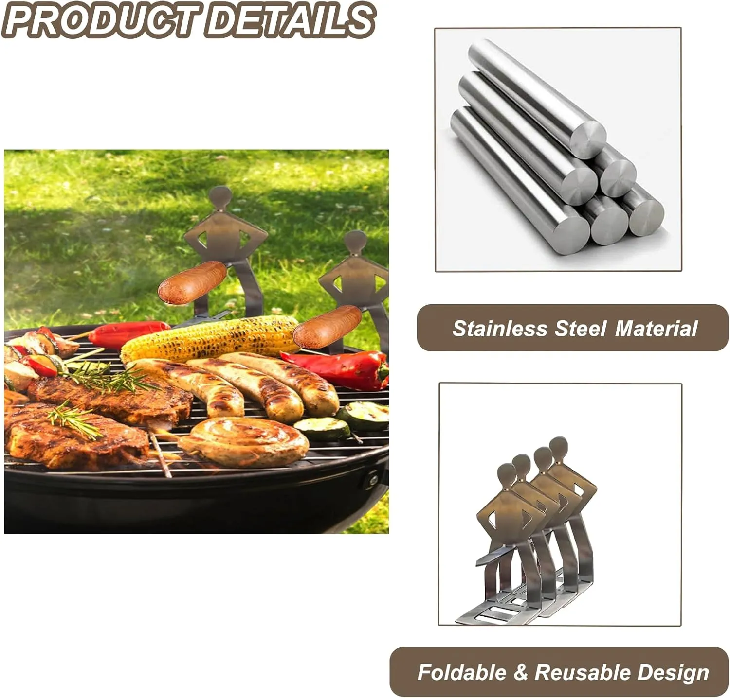8 PCS Funny Hot Dog Sausage Stand Holder Standing Man Sausage Barbecue Rack Reusable Stainless Steel Hotdog and Sausage Stand for Barbecue, Camping, Spring Trip