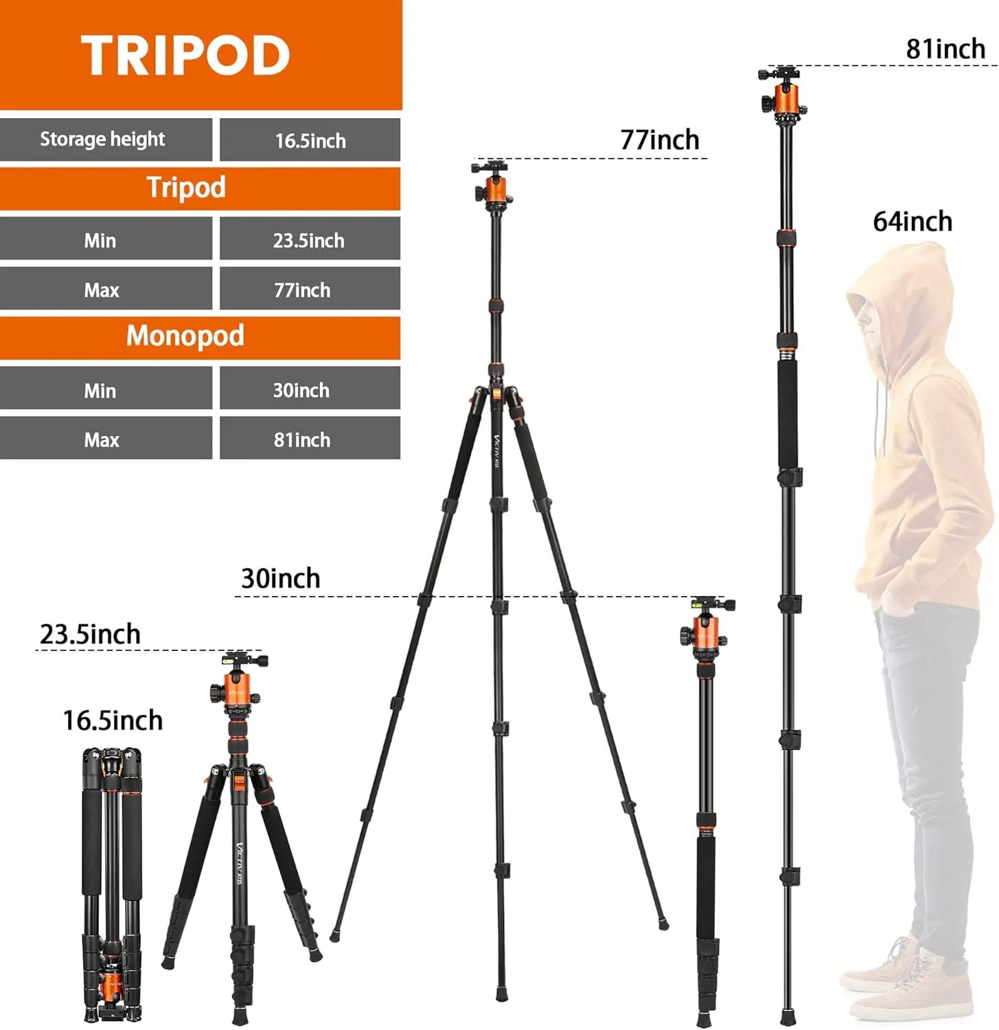 82" Tall Camera Tripod Heavy Duty, Victiv Aluminum DSLR Tripod Monopod for Photography Travel, Professional Camera Stand for Spotting Scope Telescope Binocular