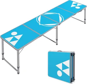 8ft Portable Beer Pong Table with Adjustable Legs, Folding Camping Table, Aluminum Picnic Table, for Party, Travel, BBQ, Beach, Blue and White