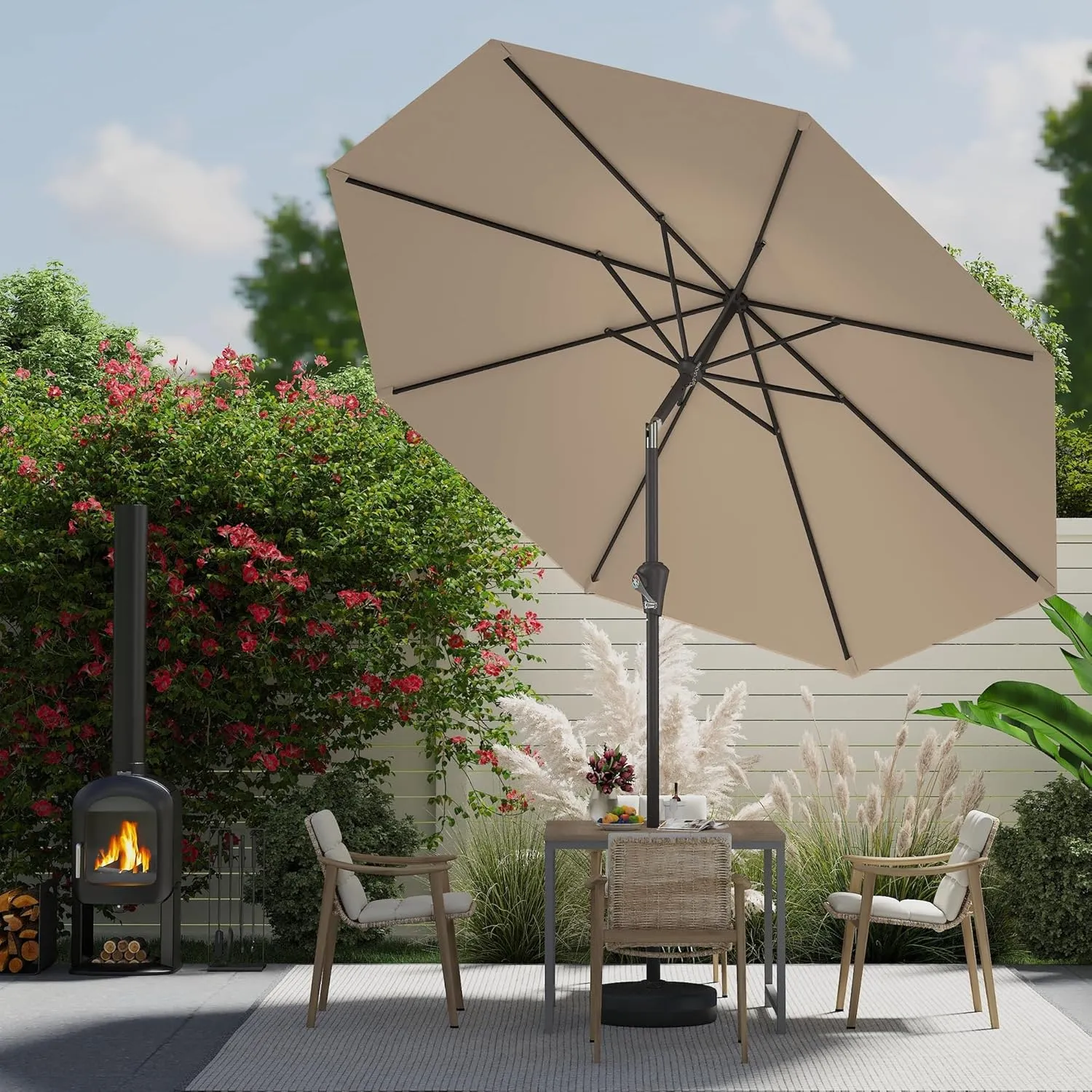 9 FT Patio Umbrella for Outdoor, Outdoor Umbrella with Push Button Tilt and Crank, Outdoor Patio Umbrellas with 8 Sturdy Ribs for Market, Garden, Deck, Backyard, Pool (Khaki)