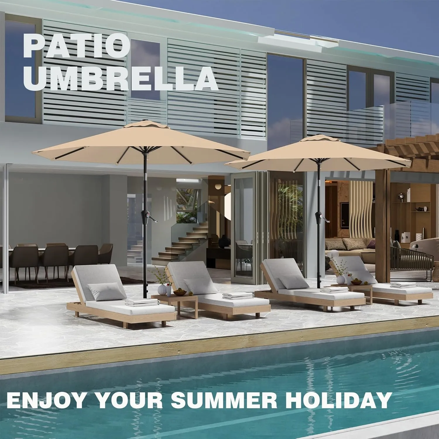 9 FT Patio Umbrella for Outdoor, Outdoor Umbrella with Push Button Tilt and Crank, Outdoor Patio Umbrellas with 8 Sturdy Ribs for Market, Garden, Deck, Backyard, Pool (Khaki)