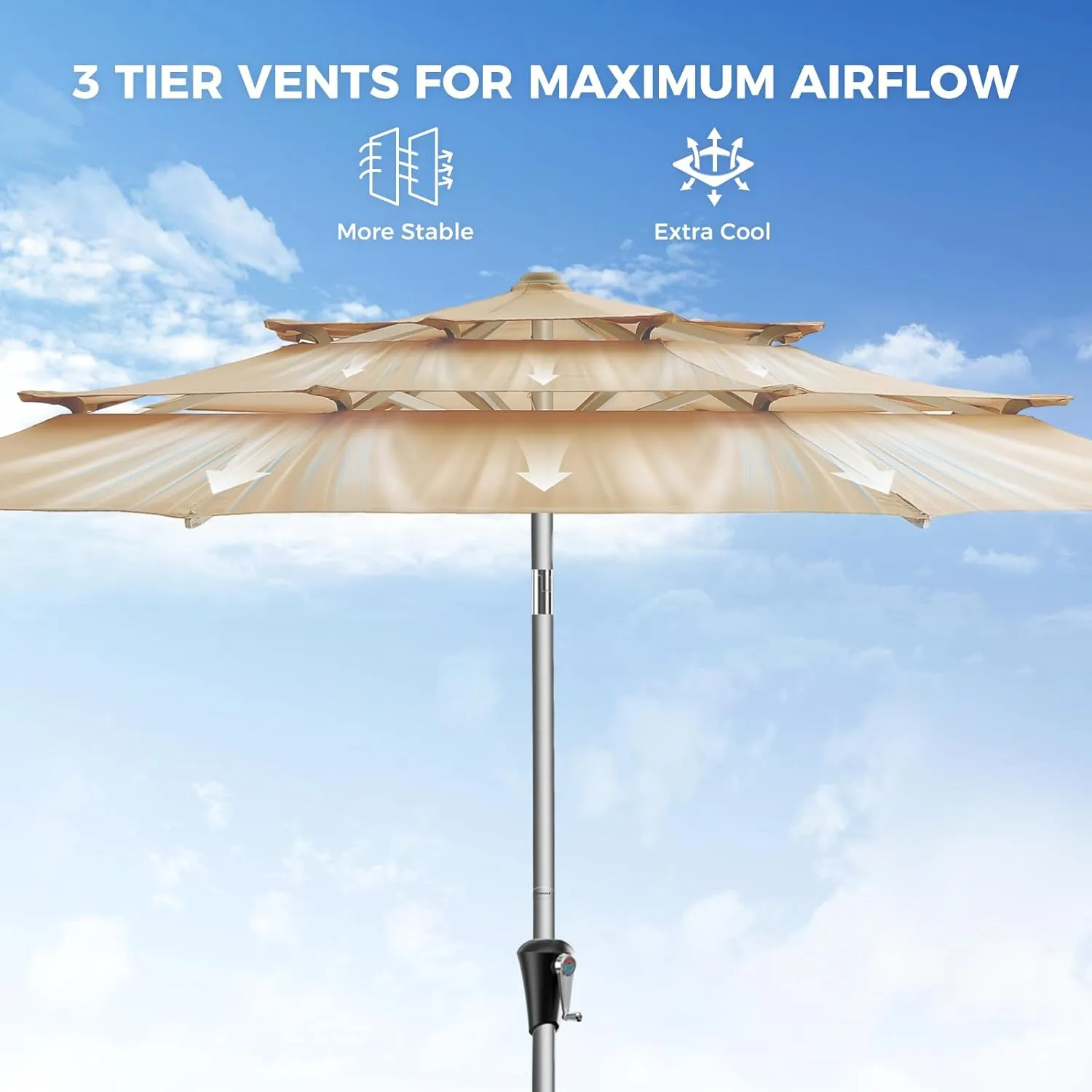 9ft Aluminum Patio Umbrella - 3 Tiers Vented Outdoor Commercial Market Table Umbrella, Heavy Duty Wind Proof Deck Pool Umbrellas UPF50  UV Protection 5-Year Fade Resistant (Beige)