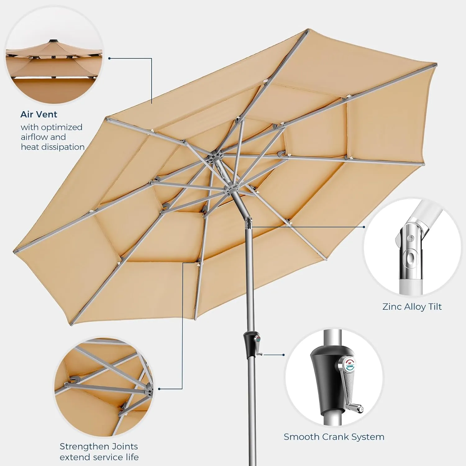 9ft Aluminum Patio Umbrella - 3 Tiers Vented Outdoor Commercial Market Table Umbrella, Heavy Duty Wind Proof Deck Pool Umbrellas UPF50  UV Protection 5-Year Fade Resistant (Beige)